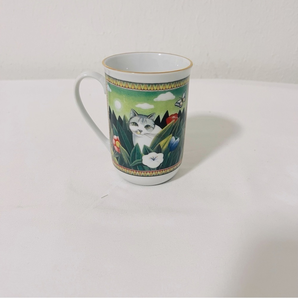 Vintage Russ Berrie Four Seasons Majestic Cat Mug Coffee Tea Beautiful Green